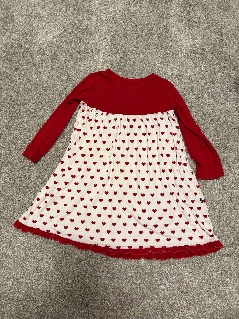 Kickee Pants girls Red & White Heart Print Long Sleeve Dress XS 5/6